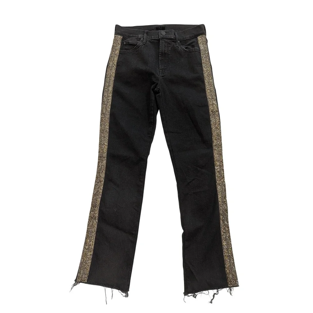 $238 MOTHER Rascal Ankle Fray Blk Beaded Stripe Raw Hem Jeans 28 HiRise Straight